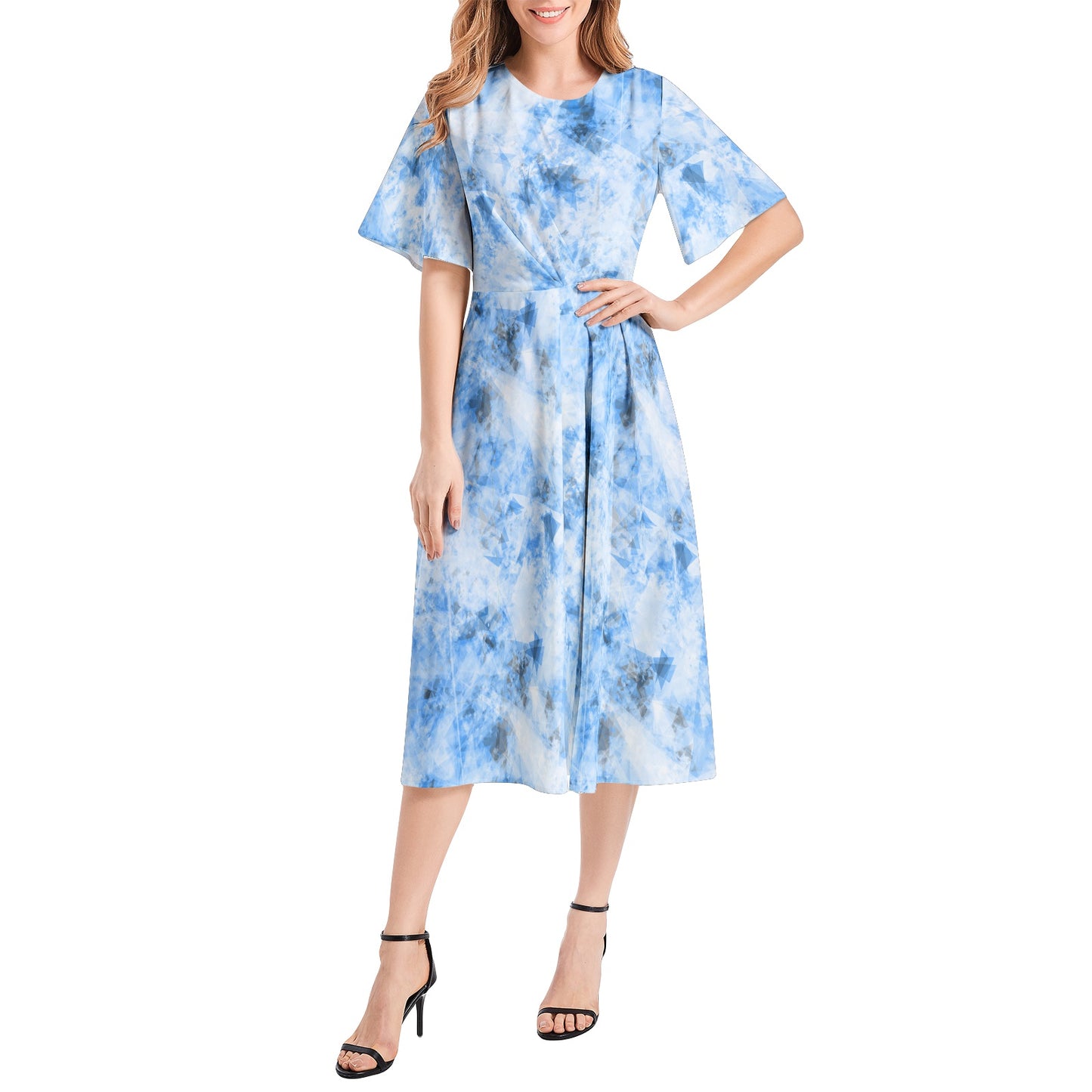 Short Sleeve Waist Folding Midi Dress