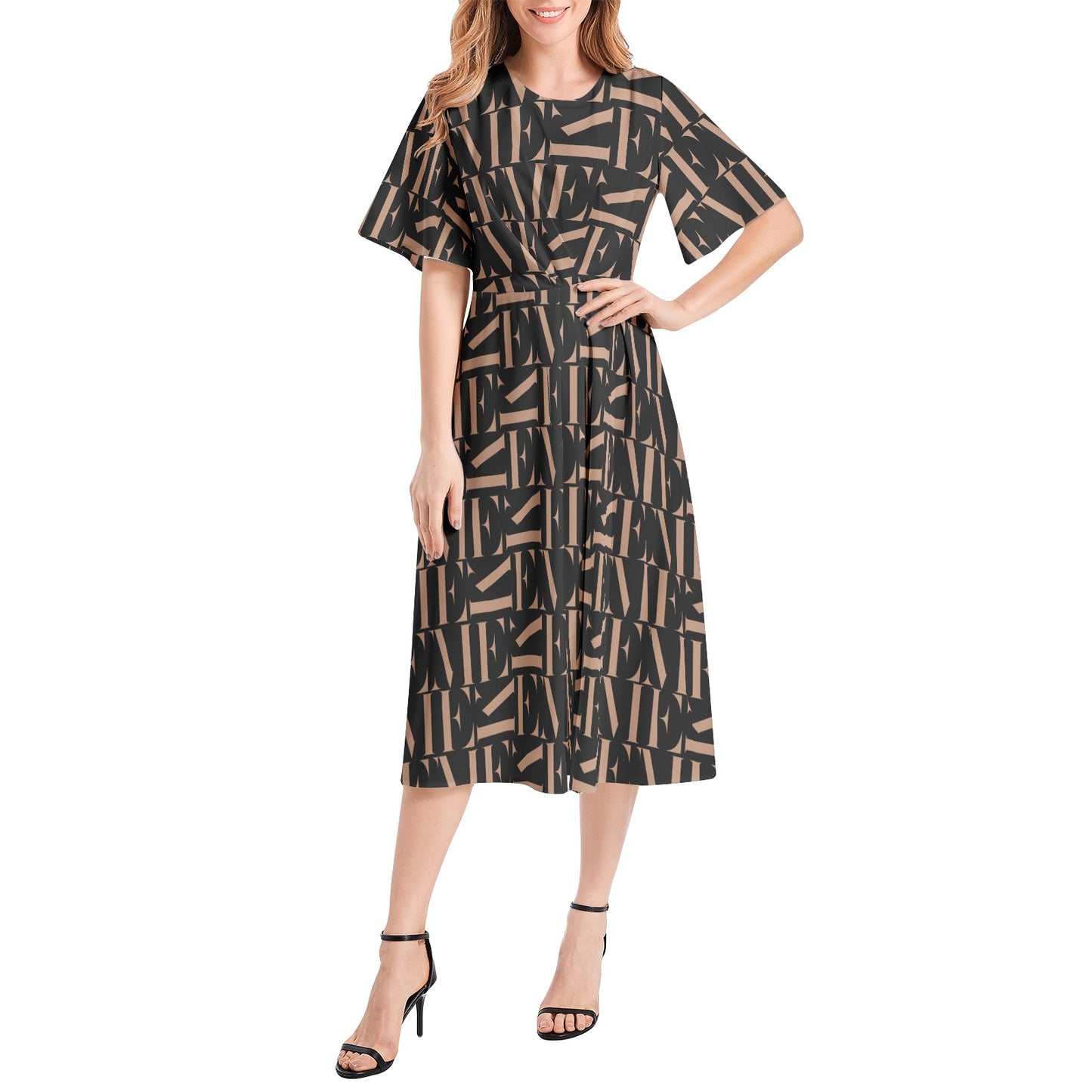 Short Sleeve Waist Folding Midi Dress