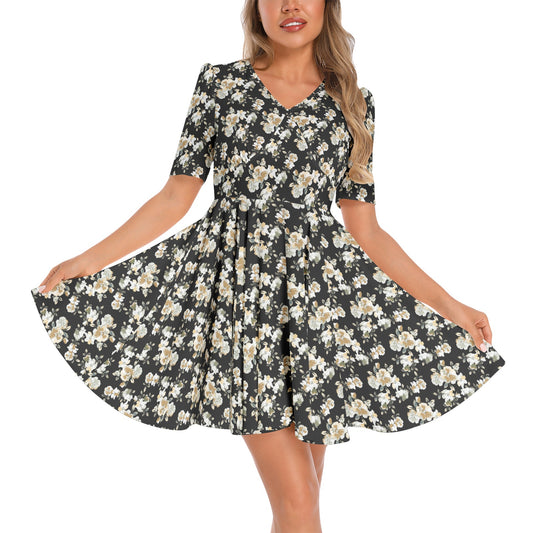 Short Sleeve Ruched Bust Flared Hem Dress