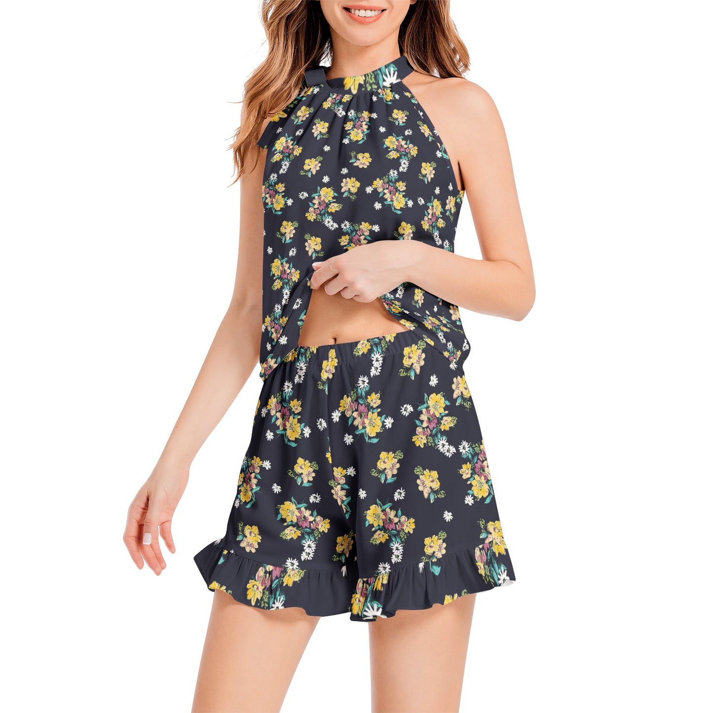 Tie Neck Halter Top and Ruffle Hem Short Set