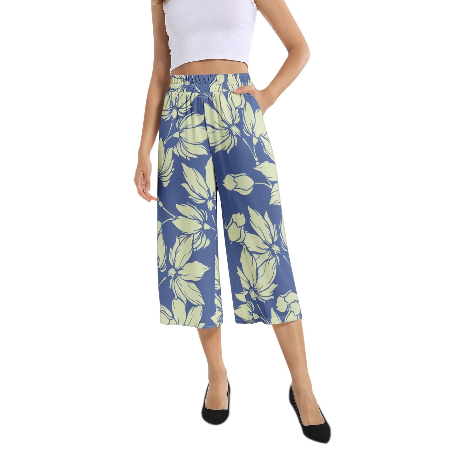 Elastic Waist Capris Wide Leg Pant