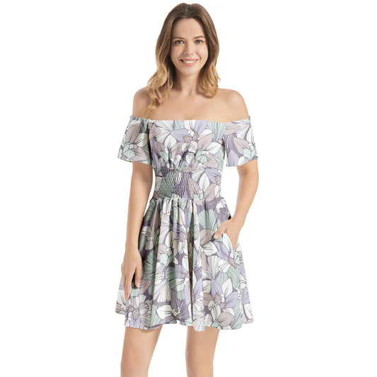 Off Shoulder Shirred Waist Flared Mini Dress