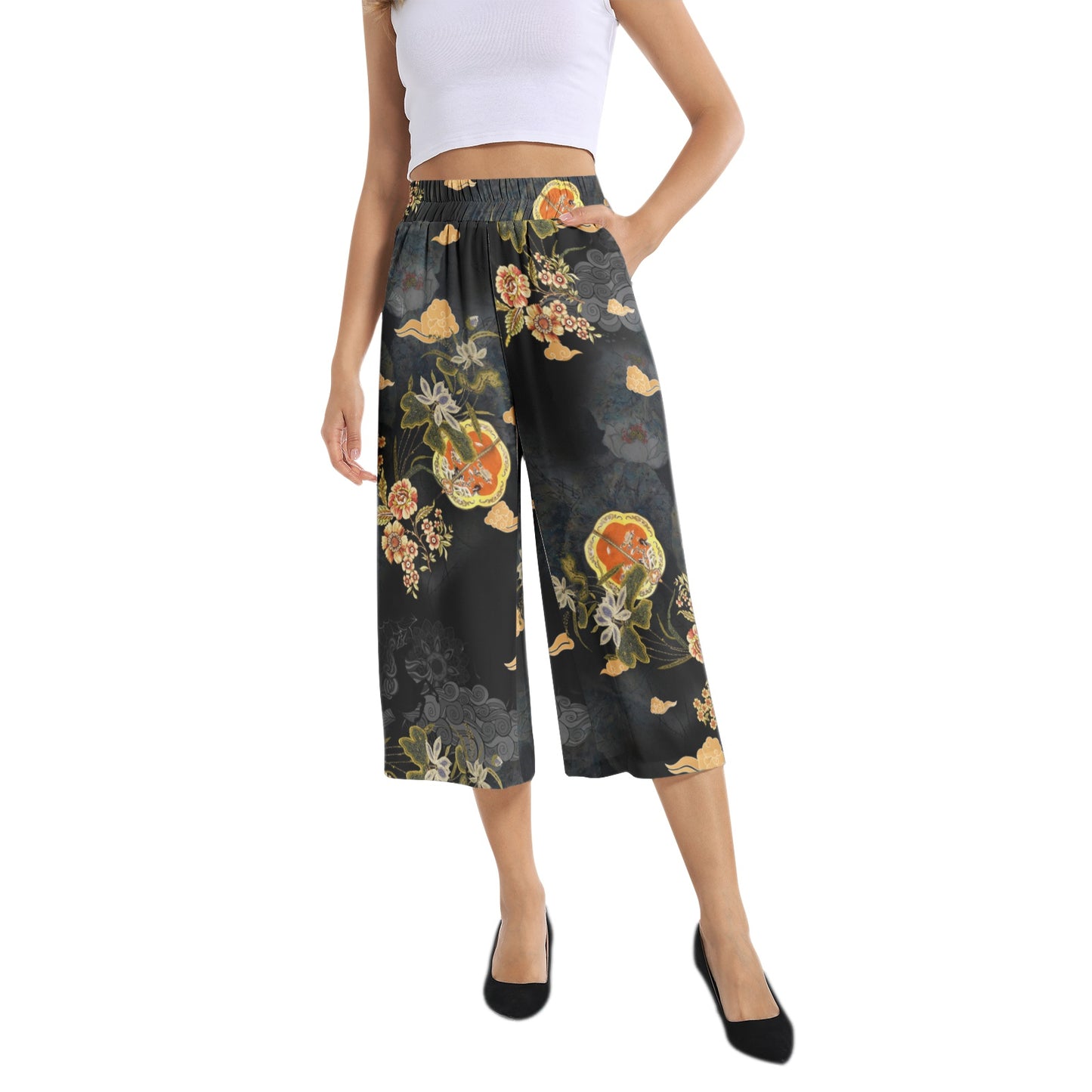 Elastic Waist Capris Wide Leg Pant