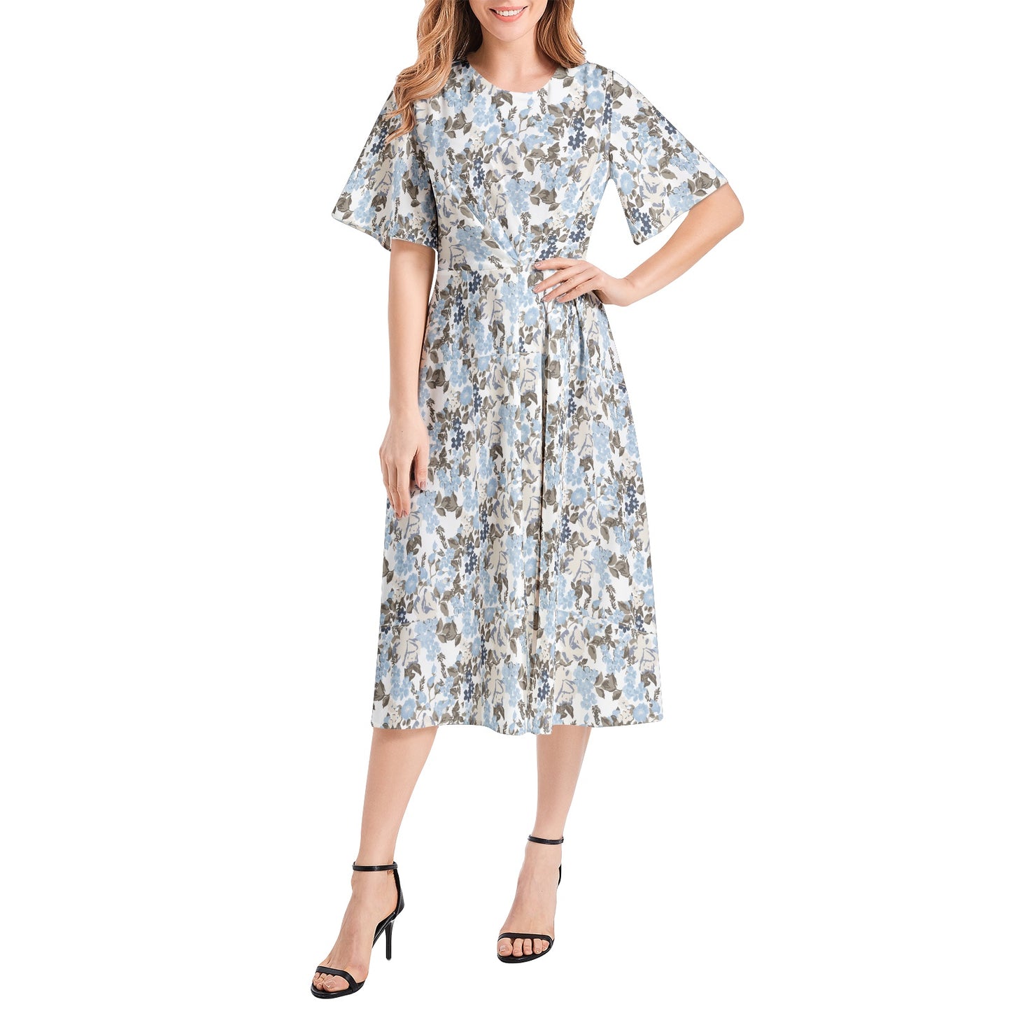 Short Sleeve Waist Folding Midi Dress