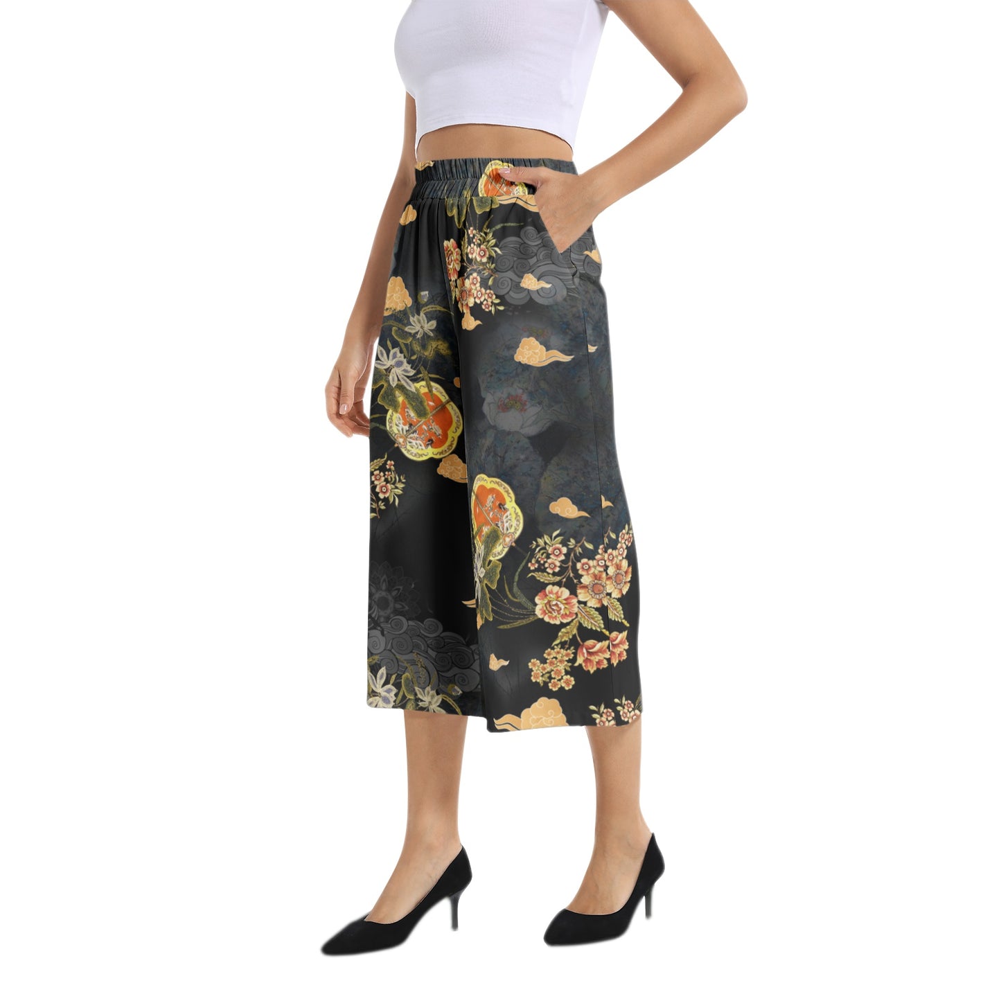 Elastic Waist Capris Wide Leg Pant