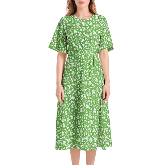 Short Sleeve Waist Folding Midi Dress