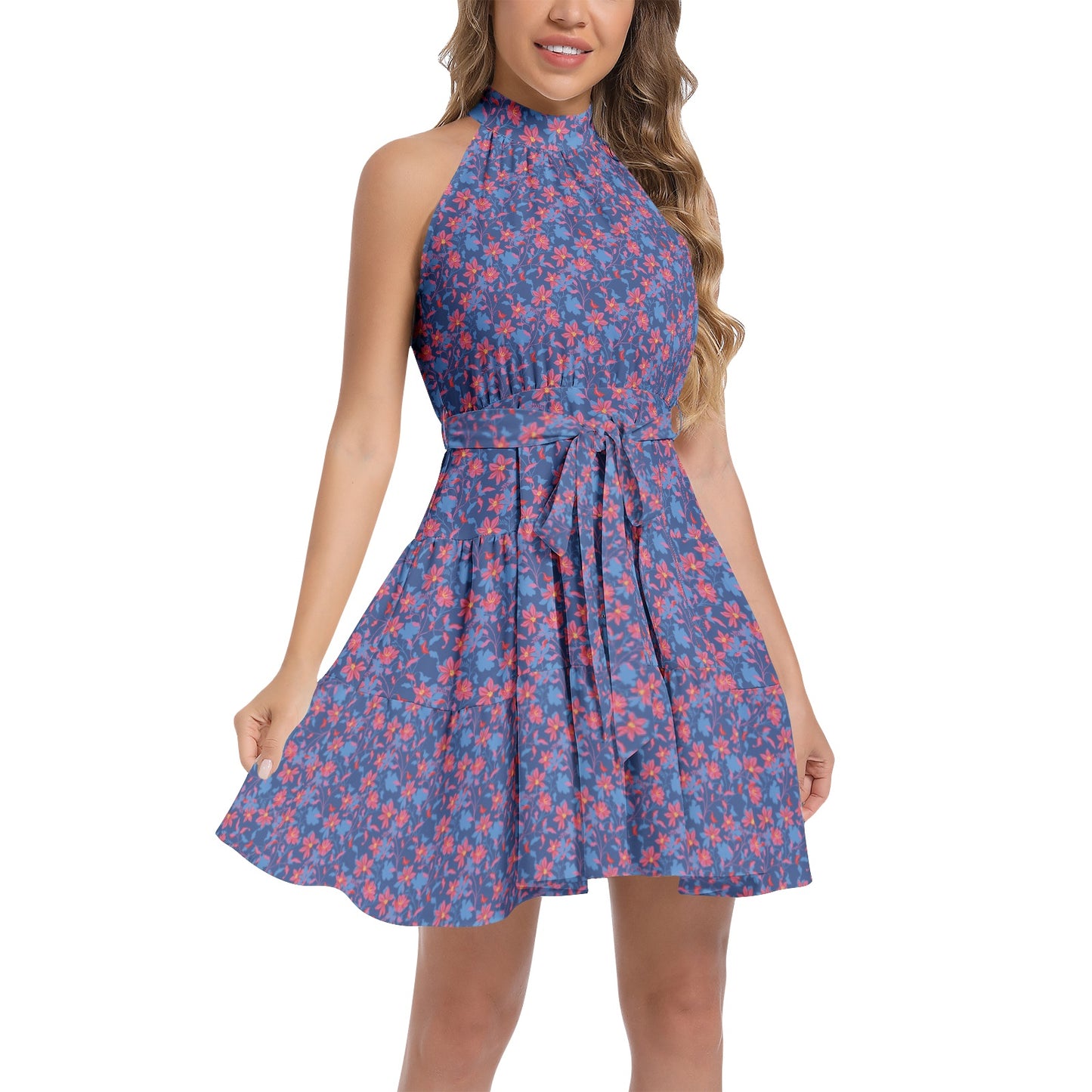 Ruffle Hem Belted Halter Dress