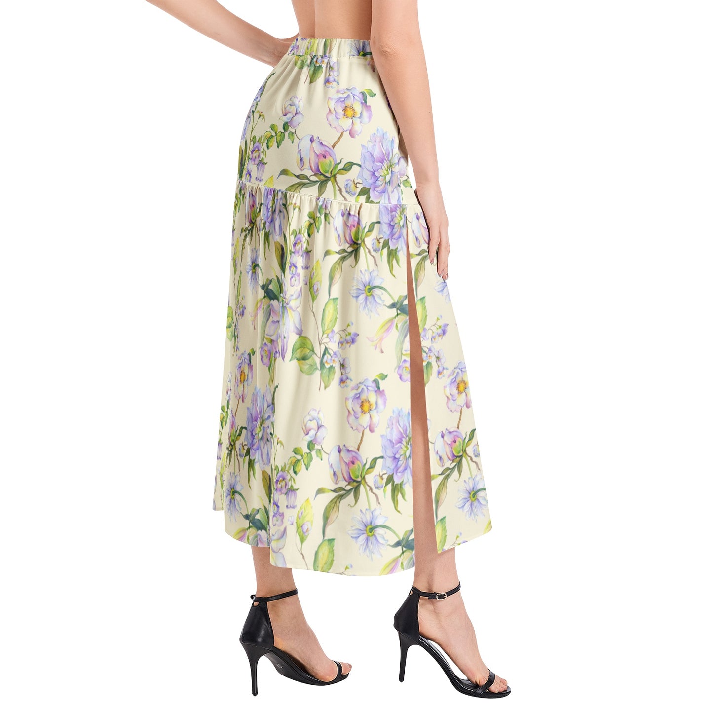 Elastic Waist Ruffle Slit Hem Skirt