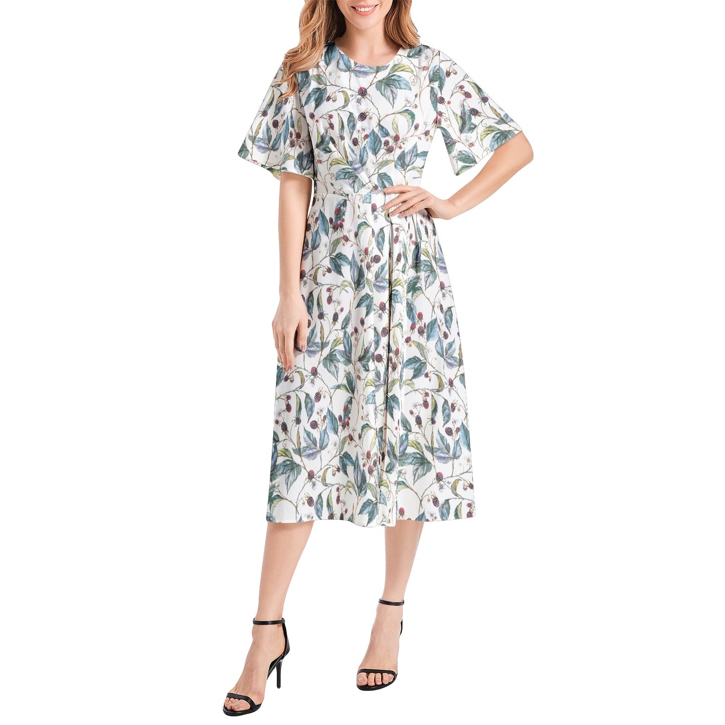 Short Sleeve Waist Folding Midi Dress