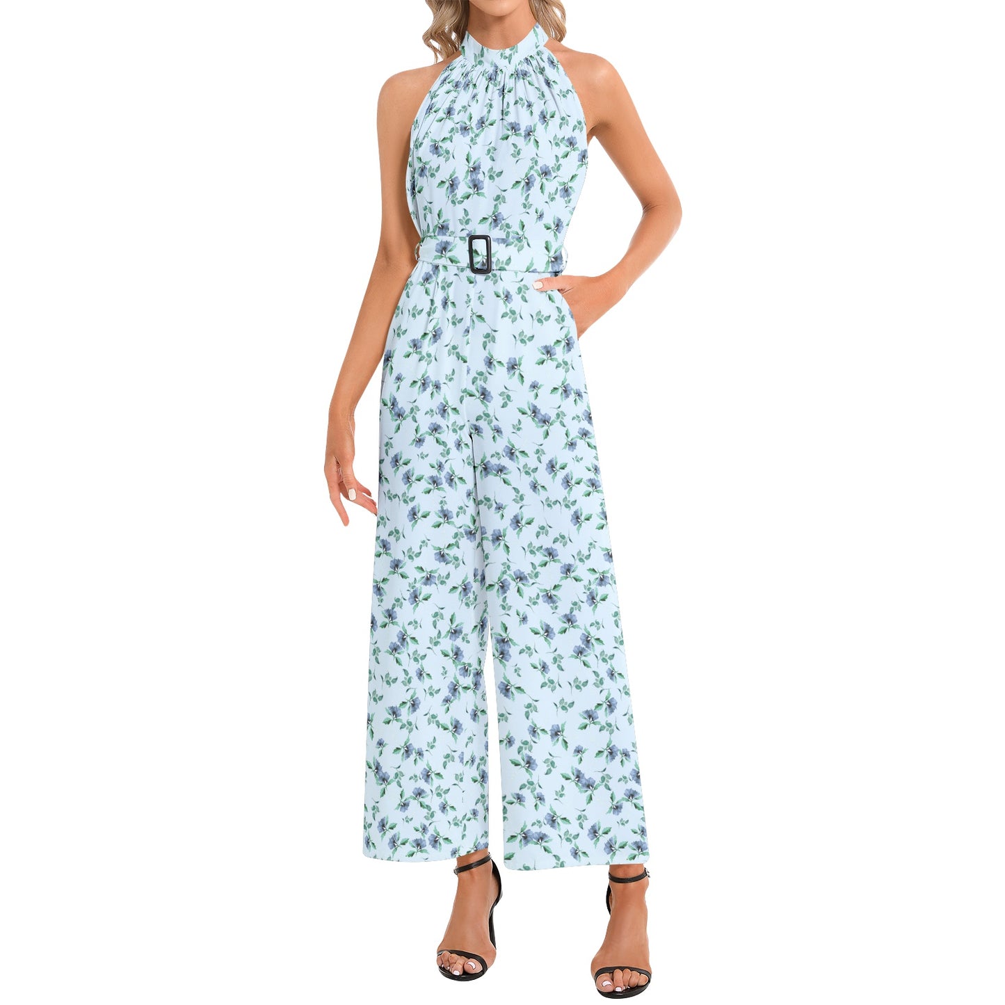 Halter Neck Buckle Belted Jumpsuit