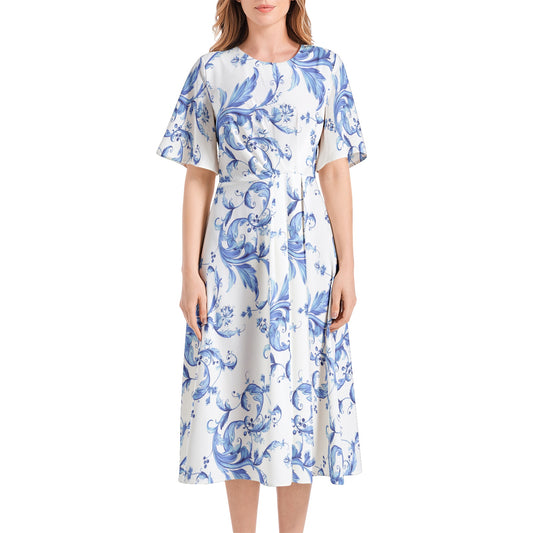 Short Sleeve Waist Folding Midi Dress