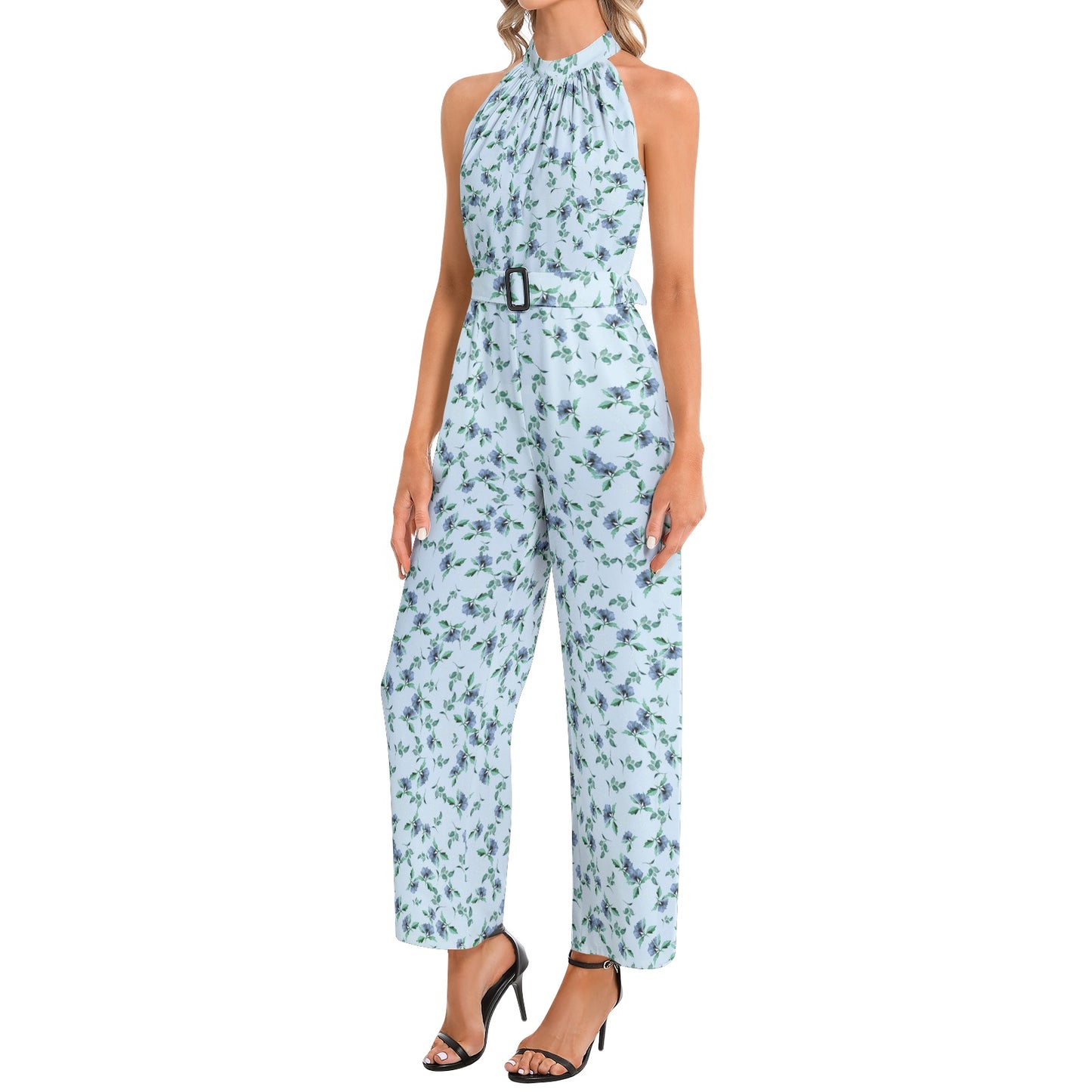 Halter Neck Buckle Belted Jumpsuit