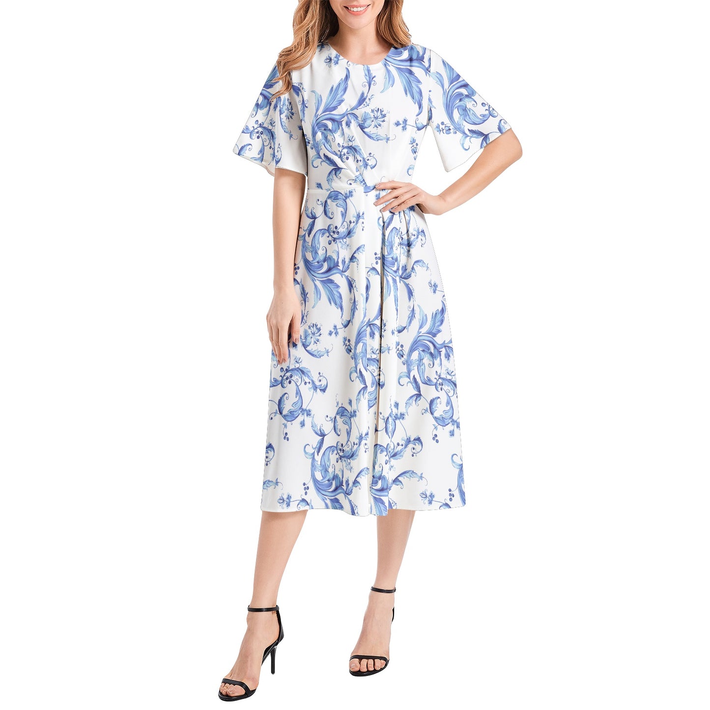 Short Sleeve Waist Folding Midi Dress