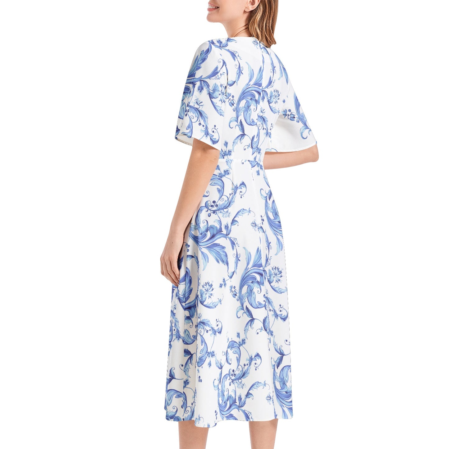 Short Sleeve Waist Folding Midi Dress