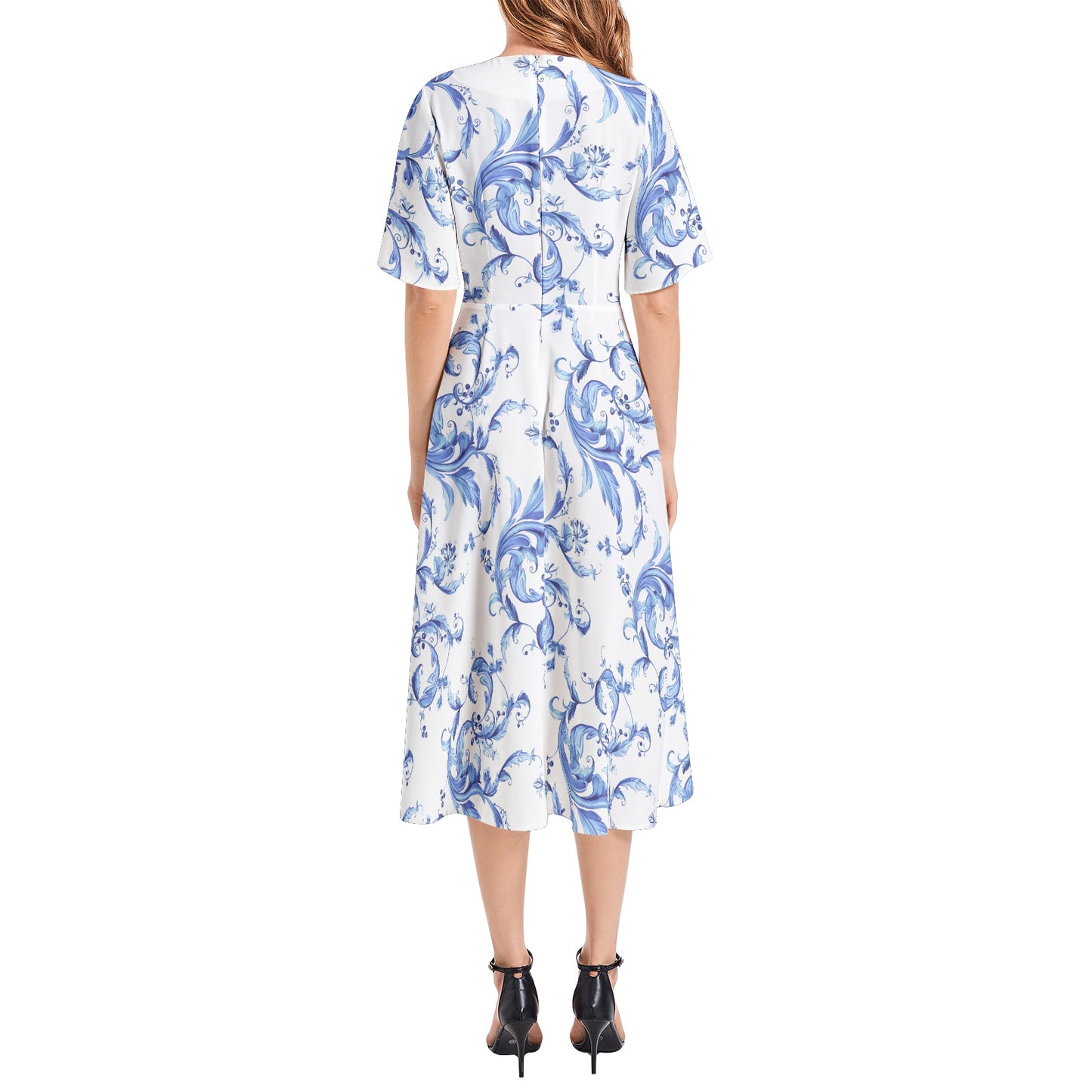 Short Sleeve Waist Folding Midi Dress