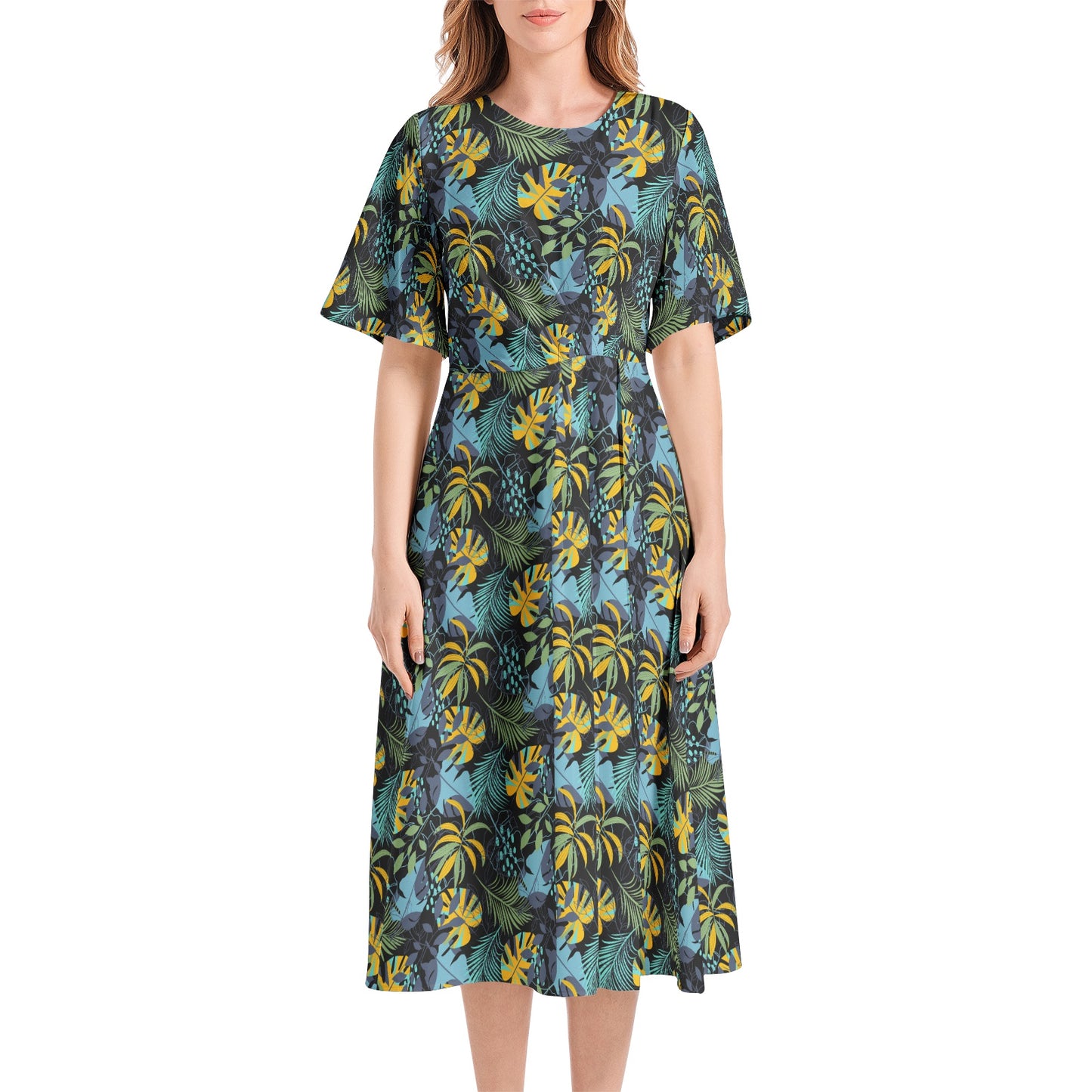 Short Sleeve Waist Folding Midi Dress