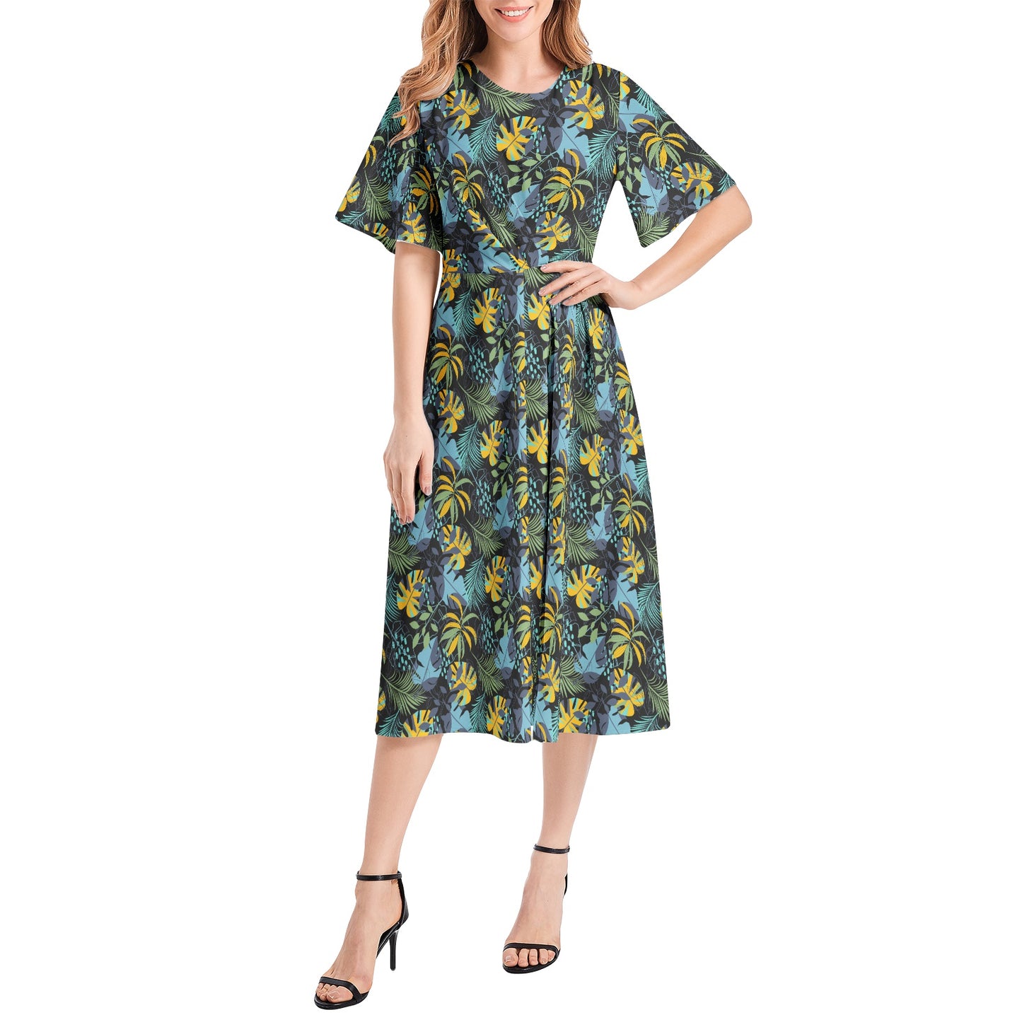 Short Sleeve Waist Folding Midi Dress