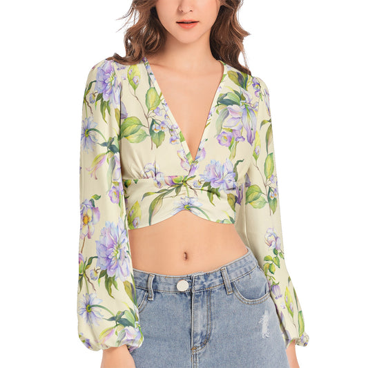 Women's Deep V-Neck Lantern Sleeve Crop Top