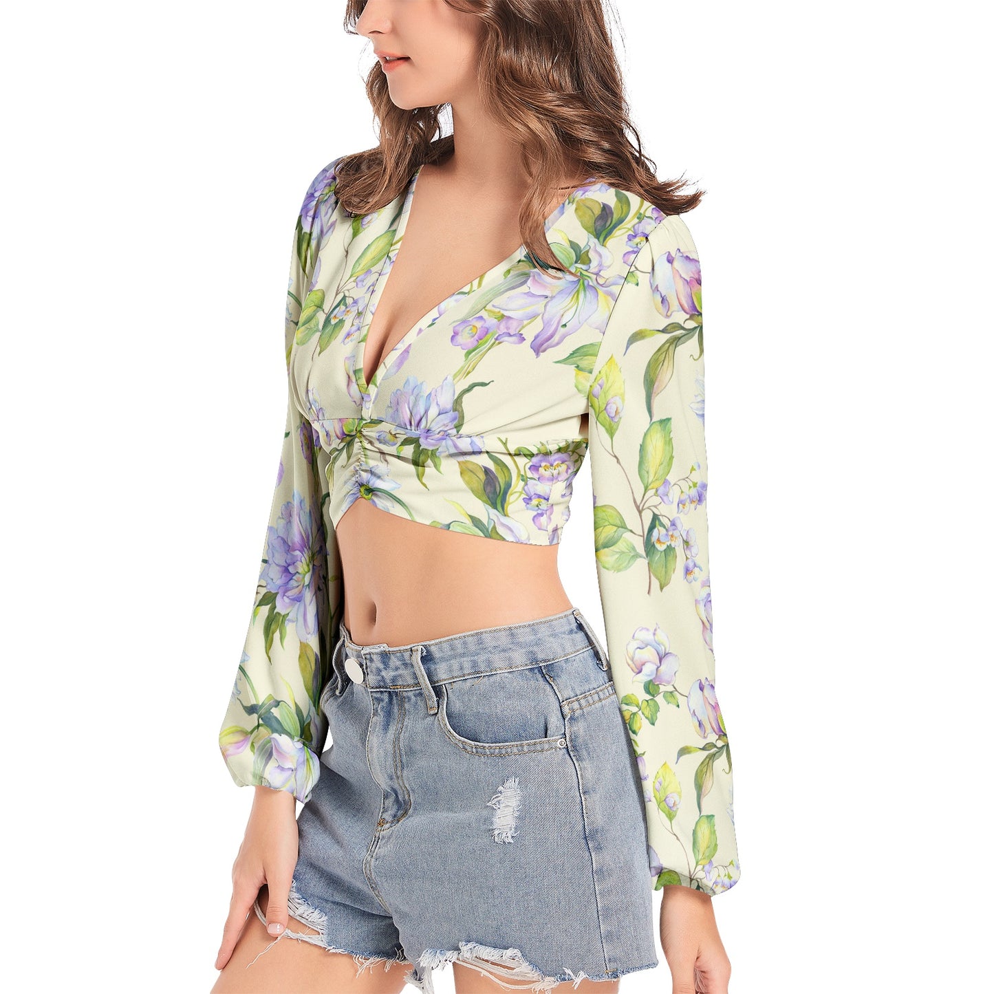 Women's Deep V-Neck Lantern Sleeve Crop Top