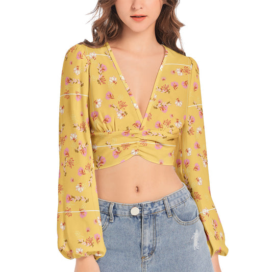 Women's Deep V-Neck Lantern Sleeve Crop Top