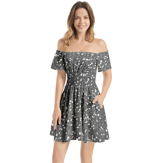 Off Shoulder Shirred Waist Flared Mini Dress