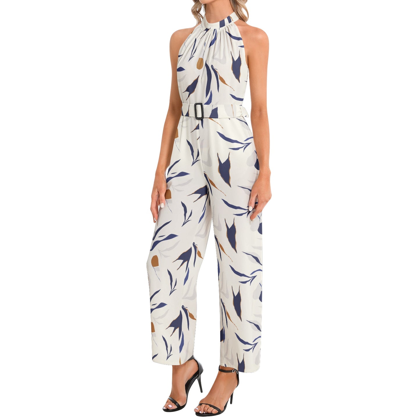 Halter Neck Buckle Belted Jumpsuit