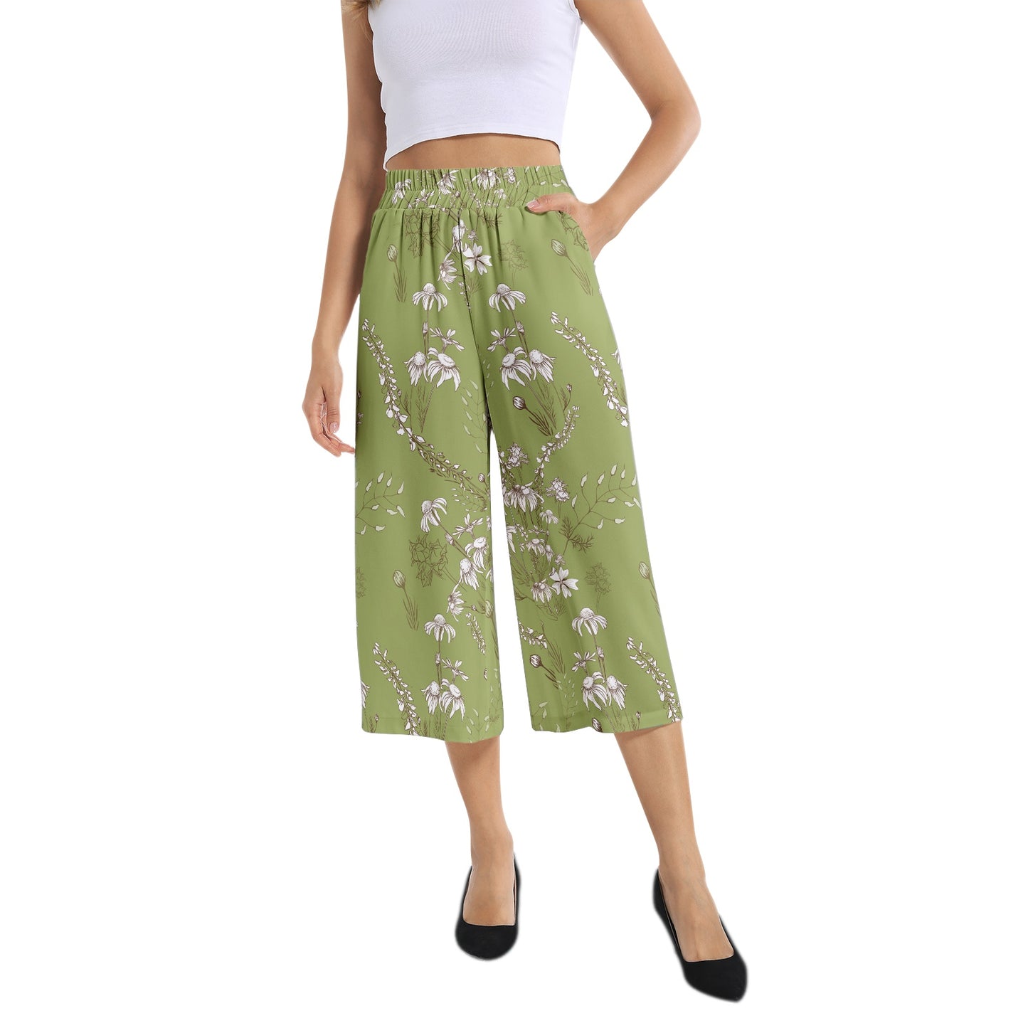 Elastic Waist Capris Wide Leg Pant