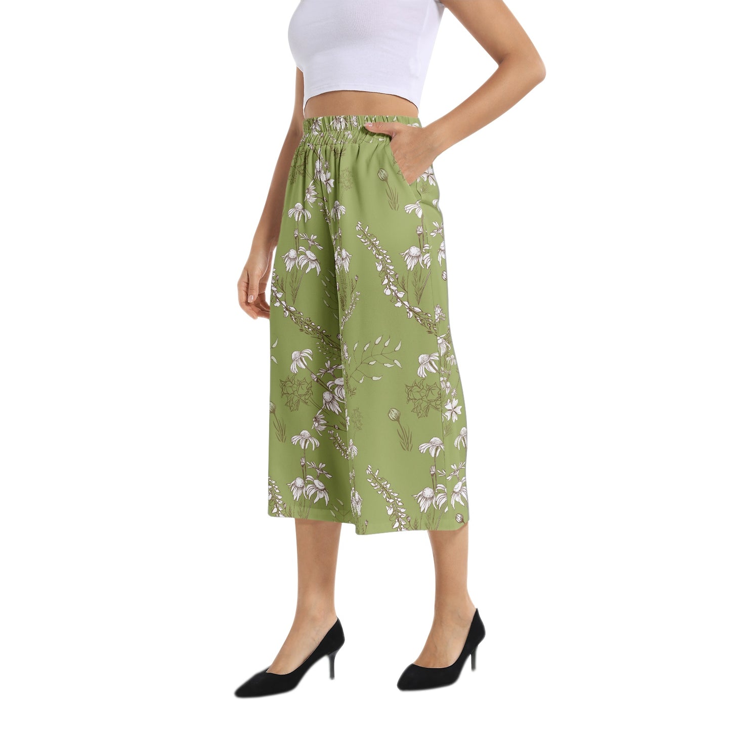 Elastic Waist Capris Wide Leg Pant