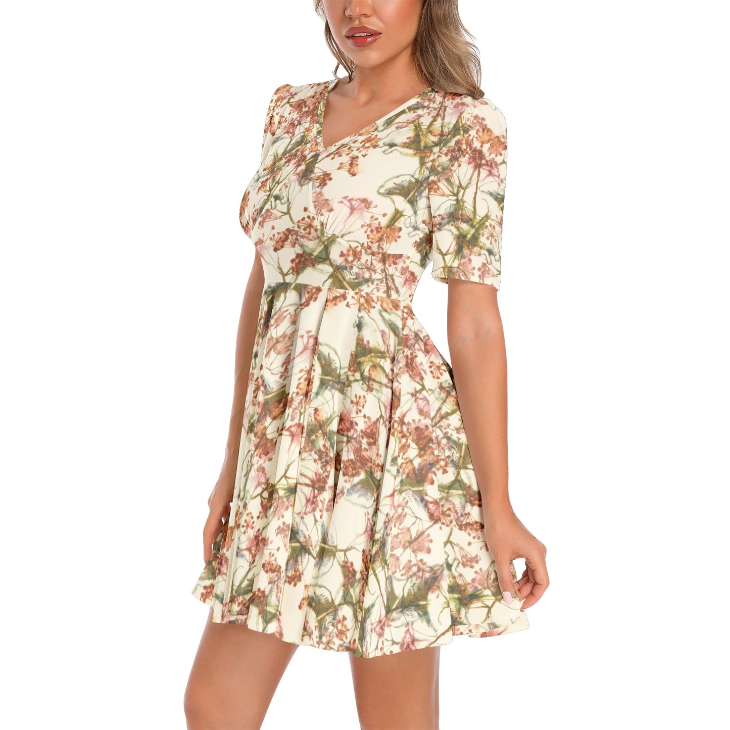 Short Sleeve Ruched Bust Flared Hem Dress