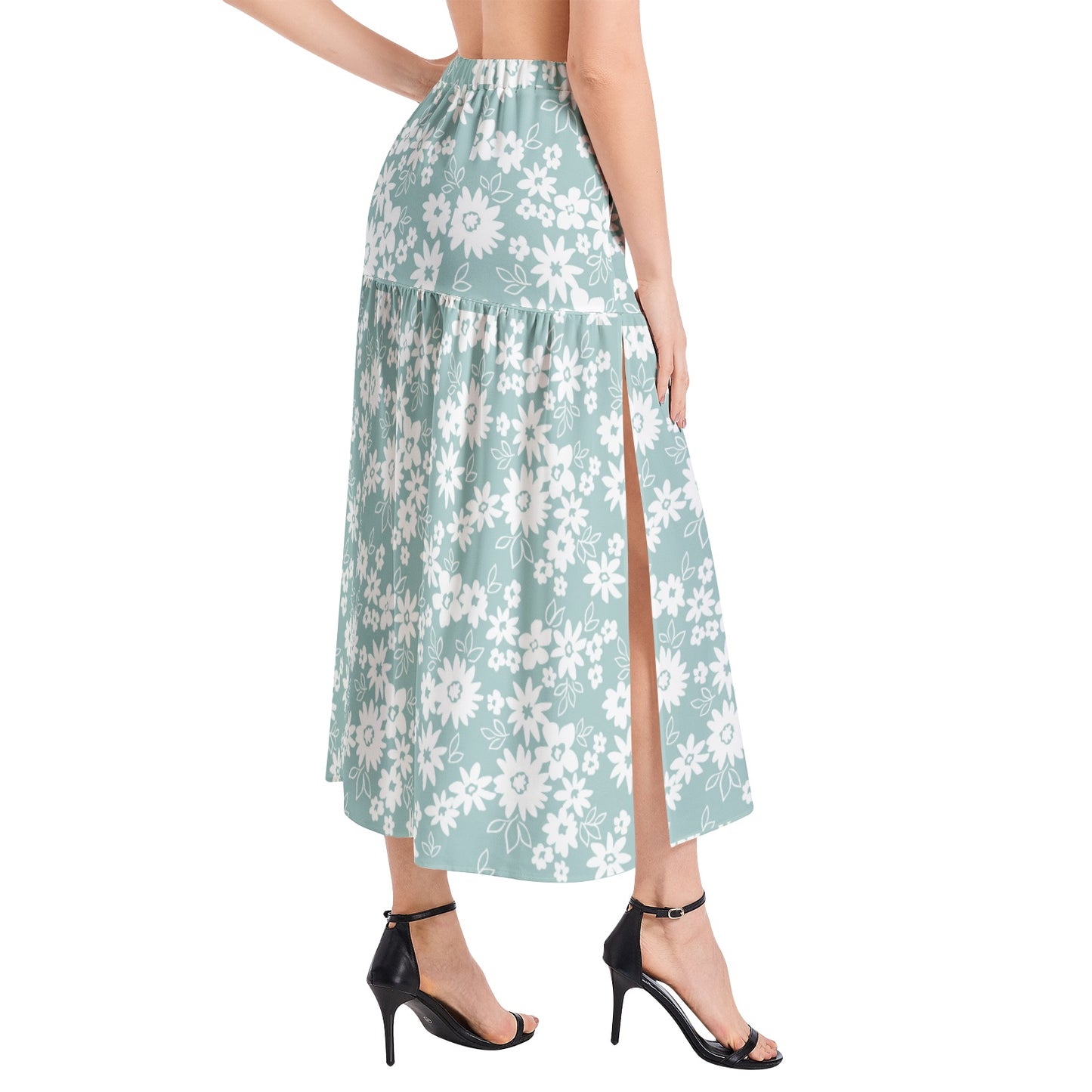 Elastic Waist Ruffle Slit Hem Skirt