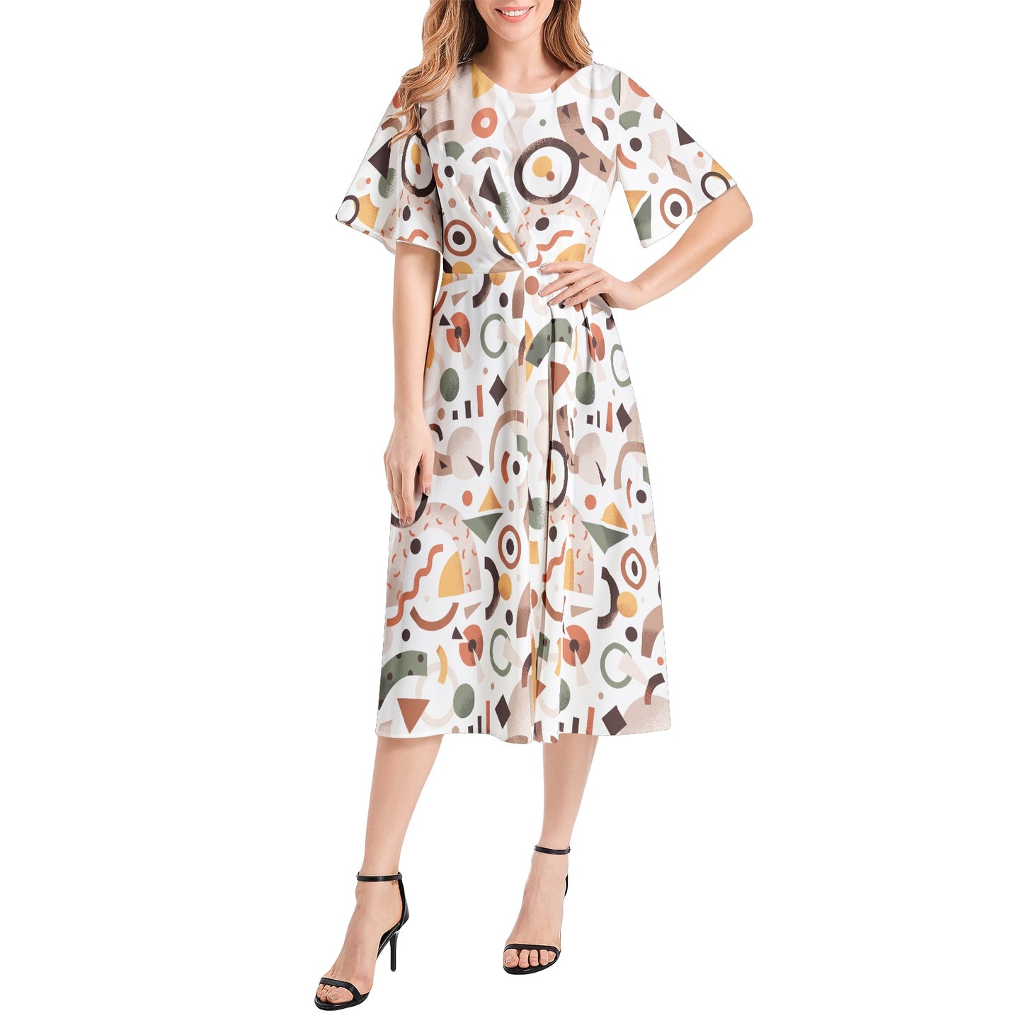 Short Sleeve Waist Folding Midi Dress