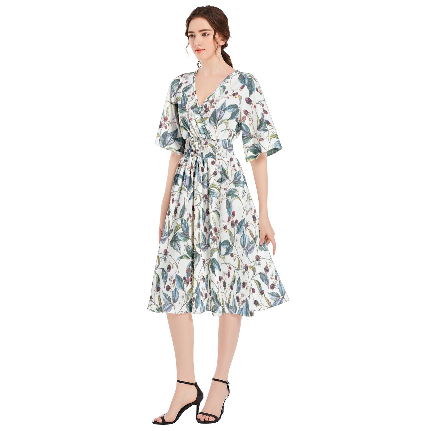 Butterfly Sleeve Shirred High Waist A Line Midi Dress