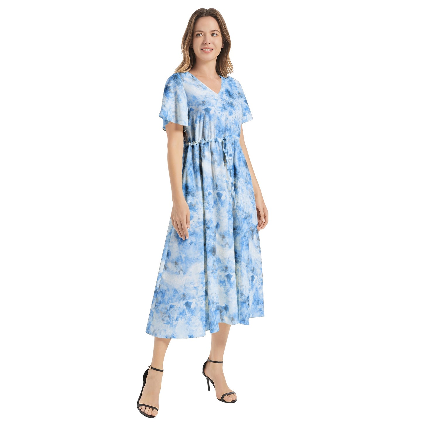 Flutter Sleeve Drawstring Waist Flared Dress