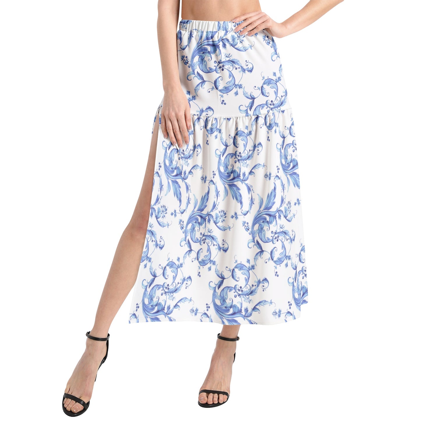 Elastic Waist Ruffle Slit Hem Skirt