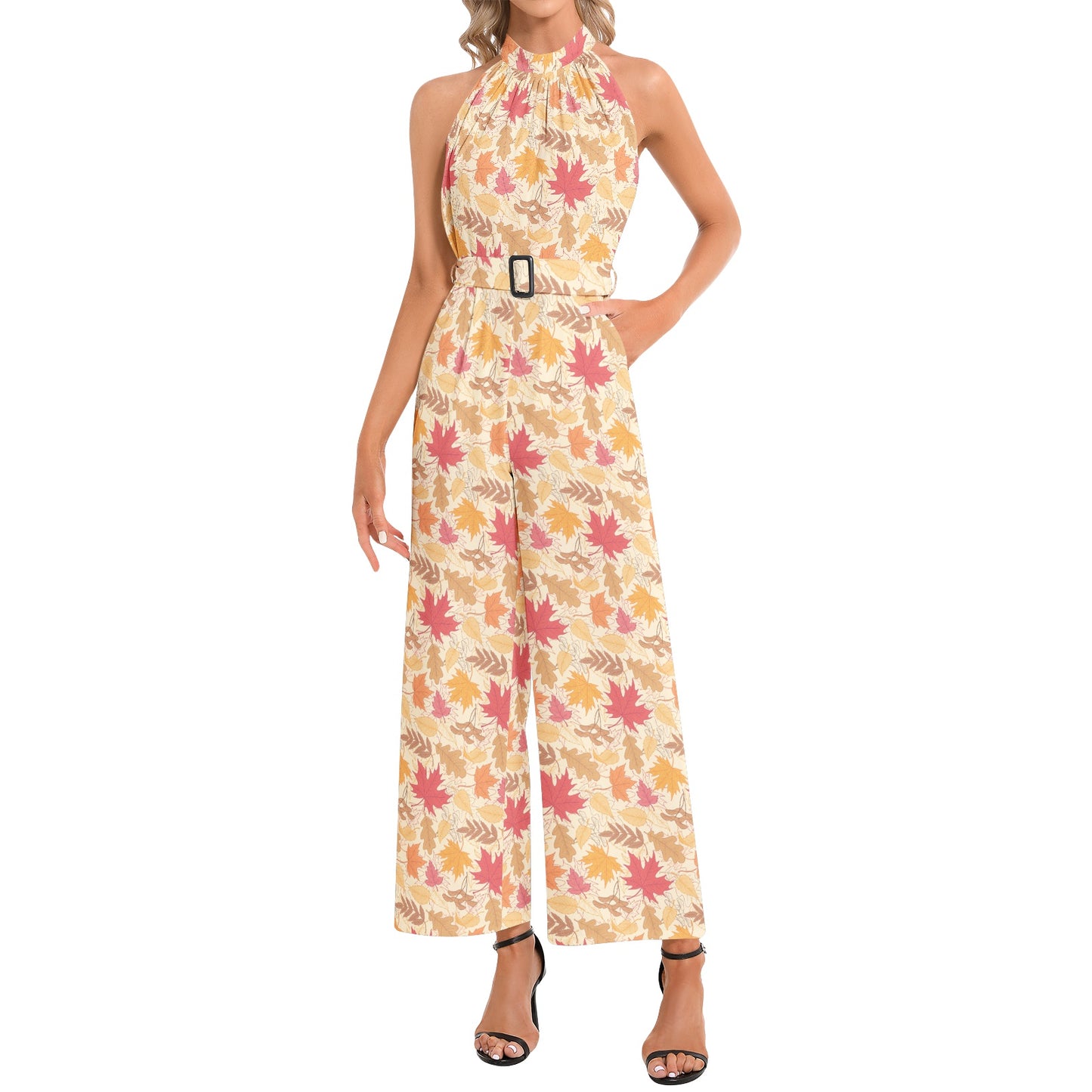 Halter Neck Buckle Belted Jumpsuit