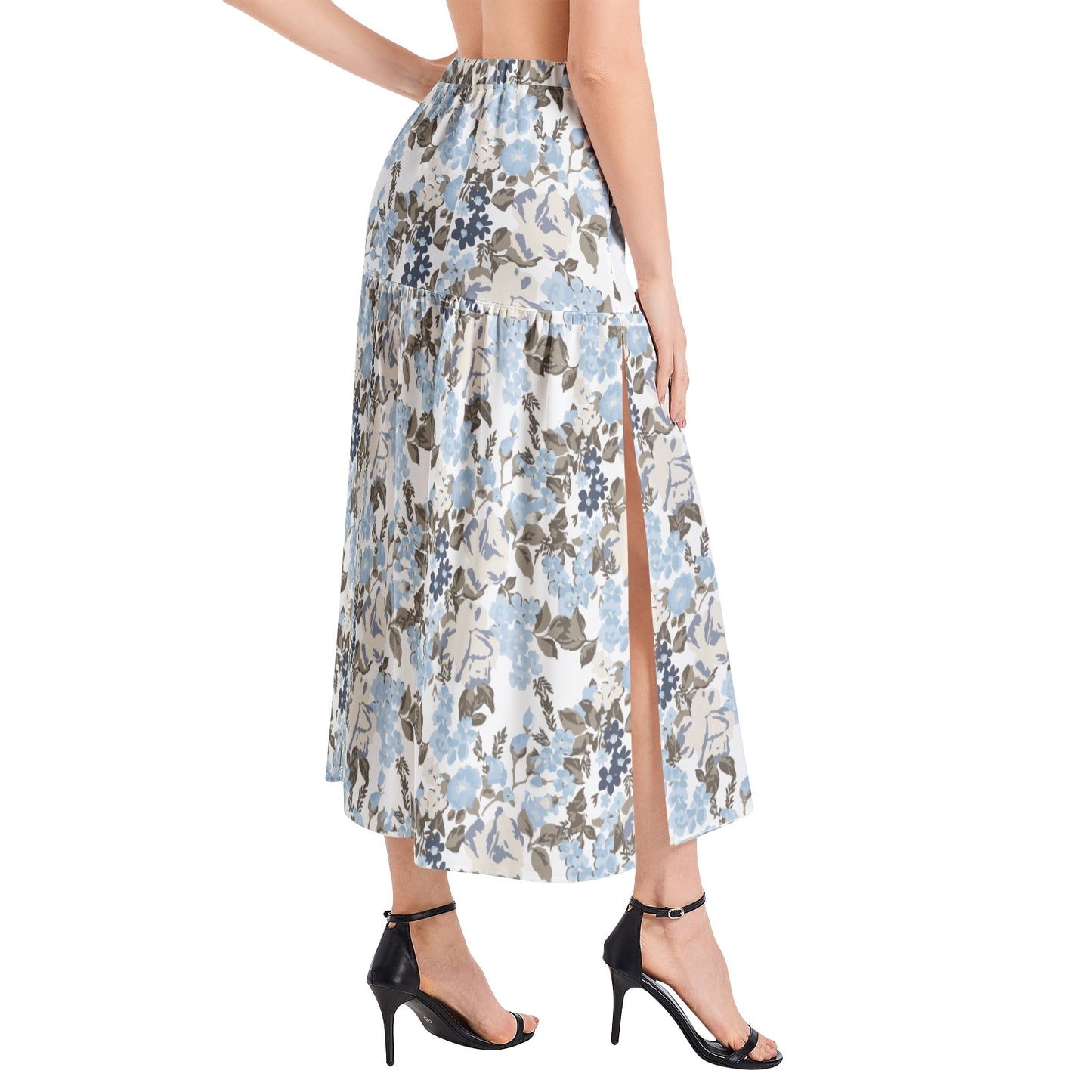 Elastic Waist Ruffle Slit Hem Skirt