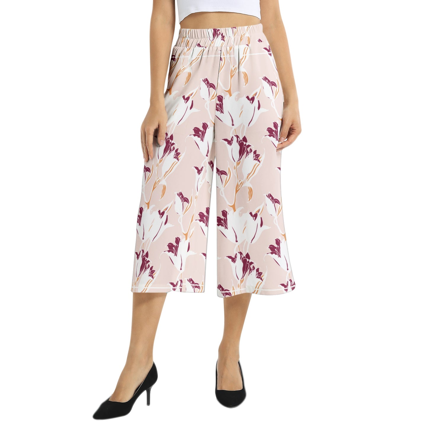 Elastic Waist Capris Wide Leg Pant