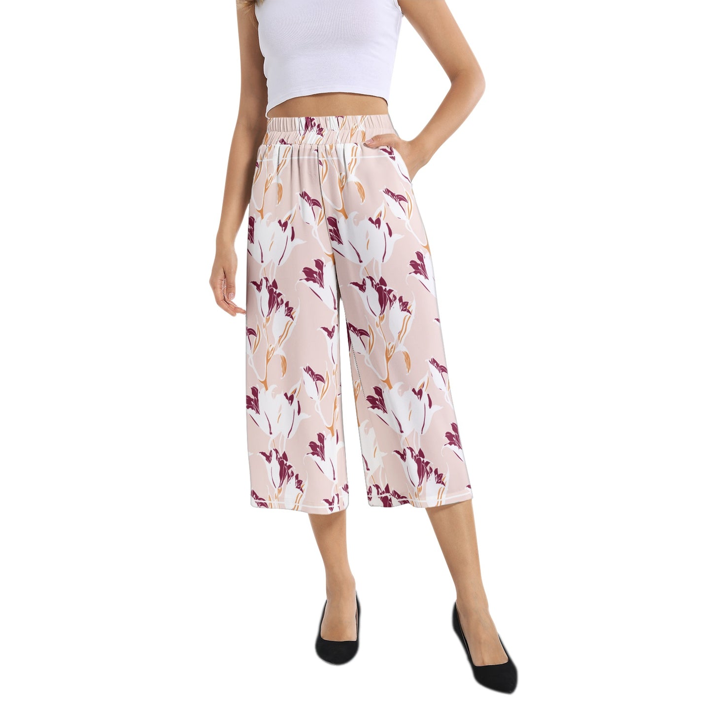 Elastic Waist Capris Wide Leg Pant