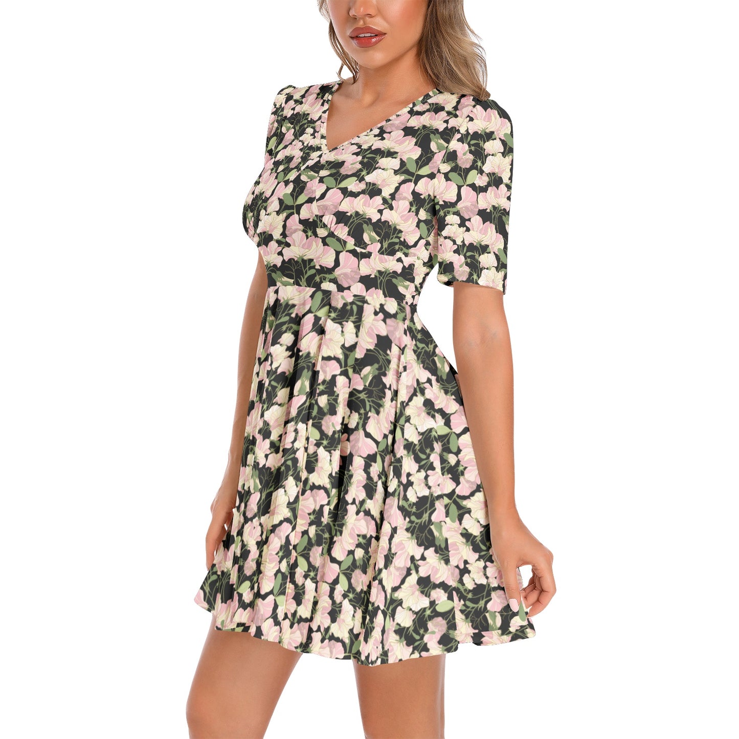 Short Sleeve Ruched Bust Flared Hem Dress