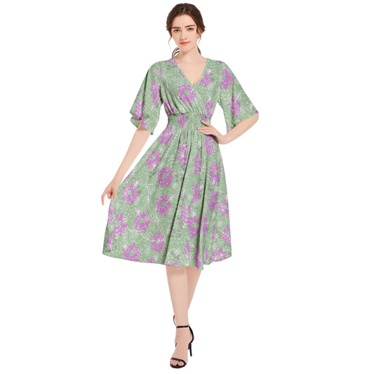 Butterfly Sleeve Shirred High Waist A Line Midi Dress