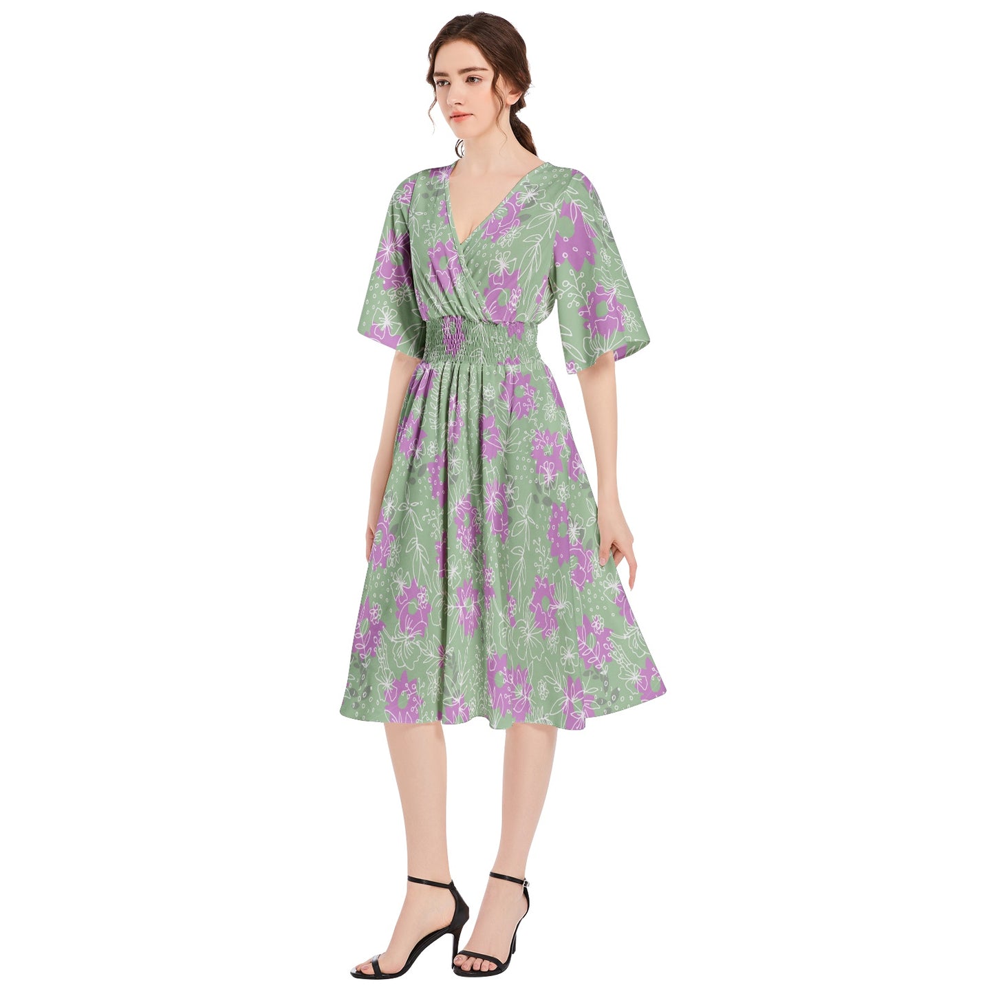 Butterfly Sleeve Shirred High Waist A Line Midi Dress