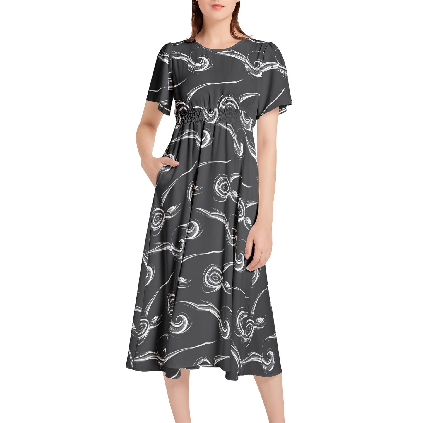 Short Sleeve Shirred Waist Midi Dress