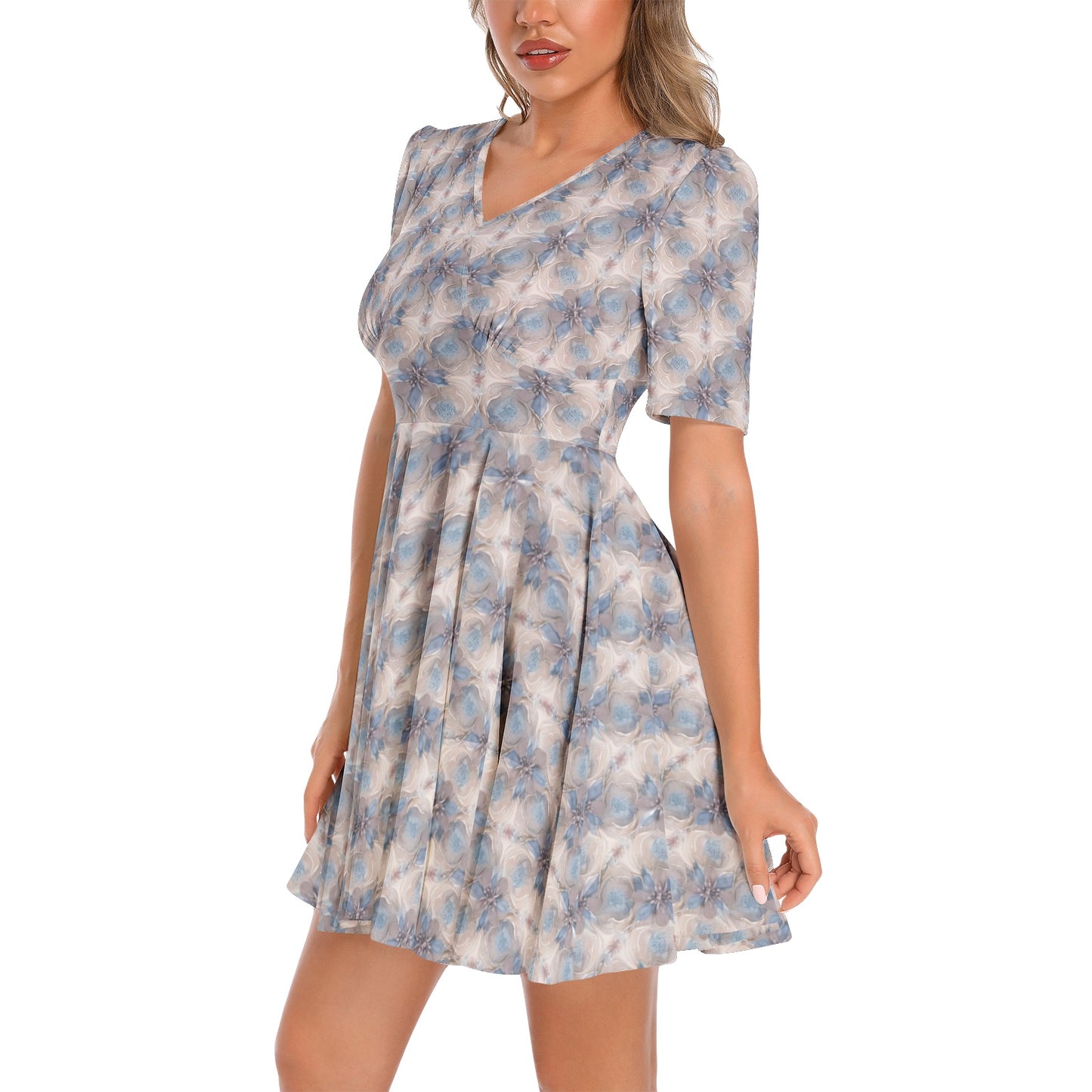 Short Sleeve Ruched Bust Flared Hem Dress