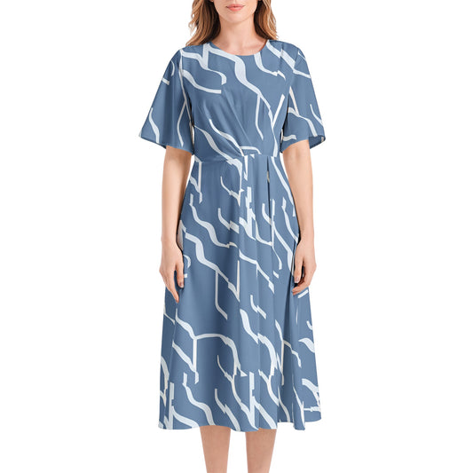 Short Sleeve Waist Folding Midi Dress