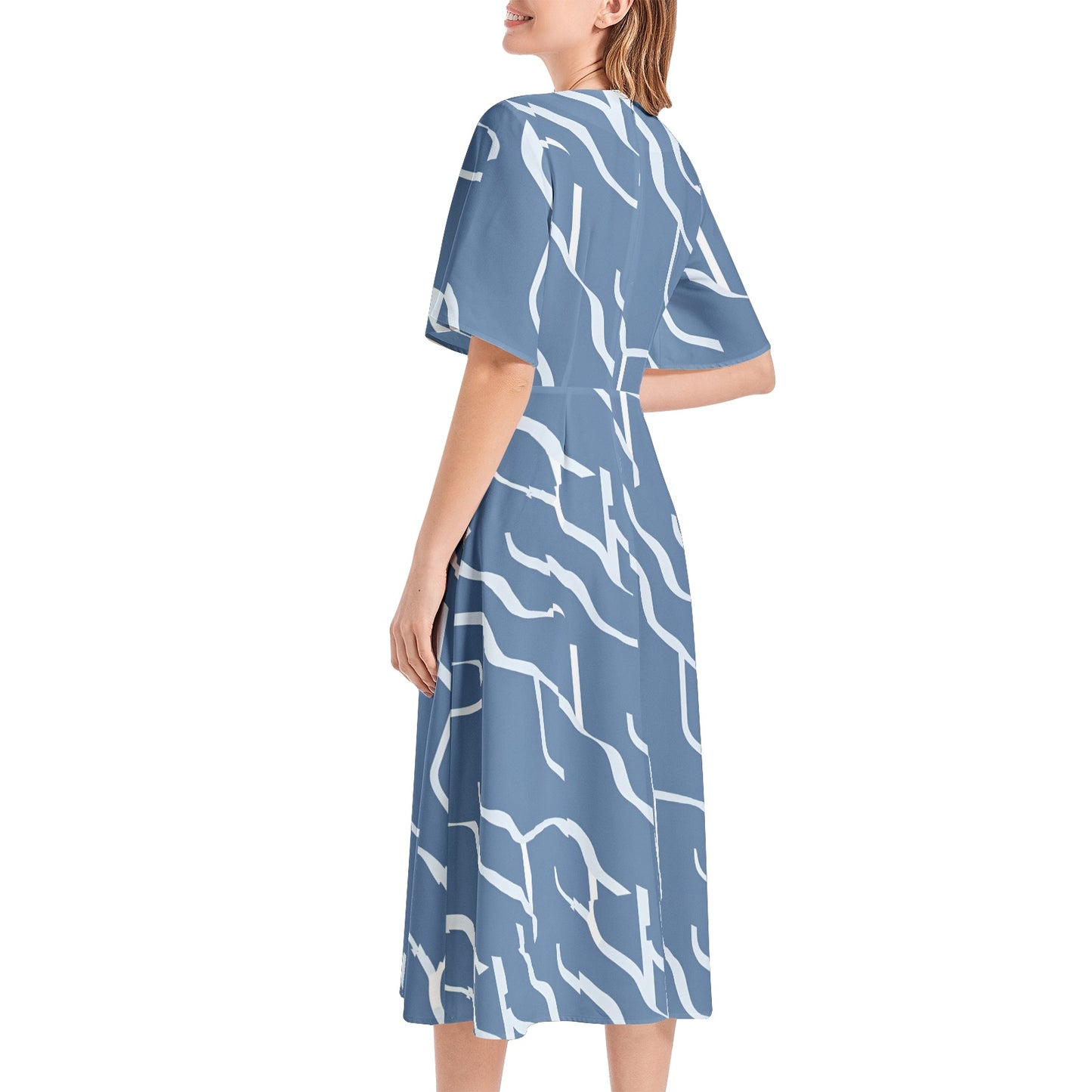 Short Sleeve Waist Folding Midi Dress