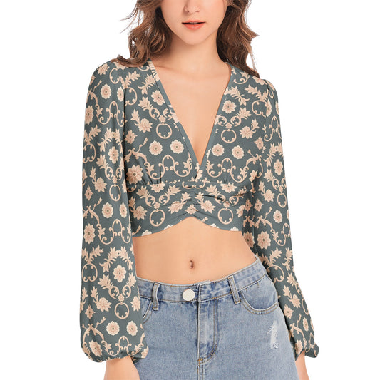 Women's Deep V-Neck Lantern Sleeve Crop Top