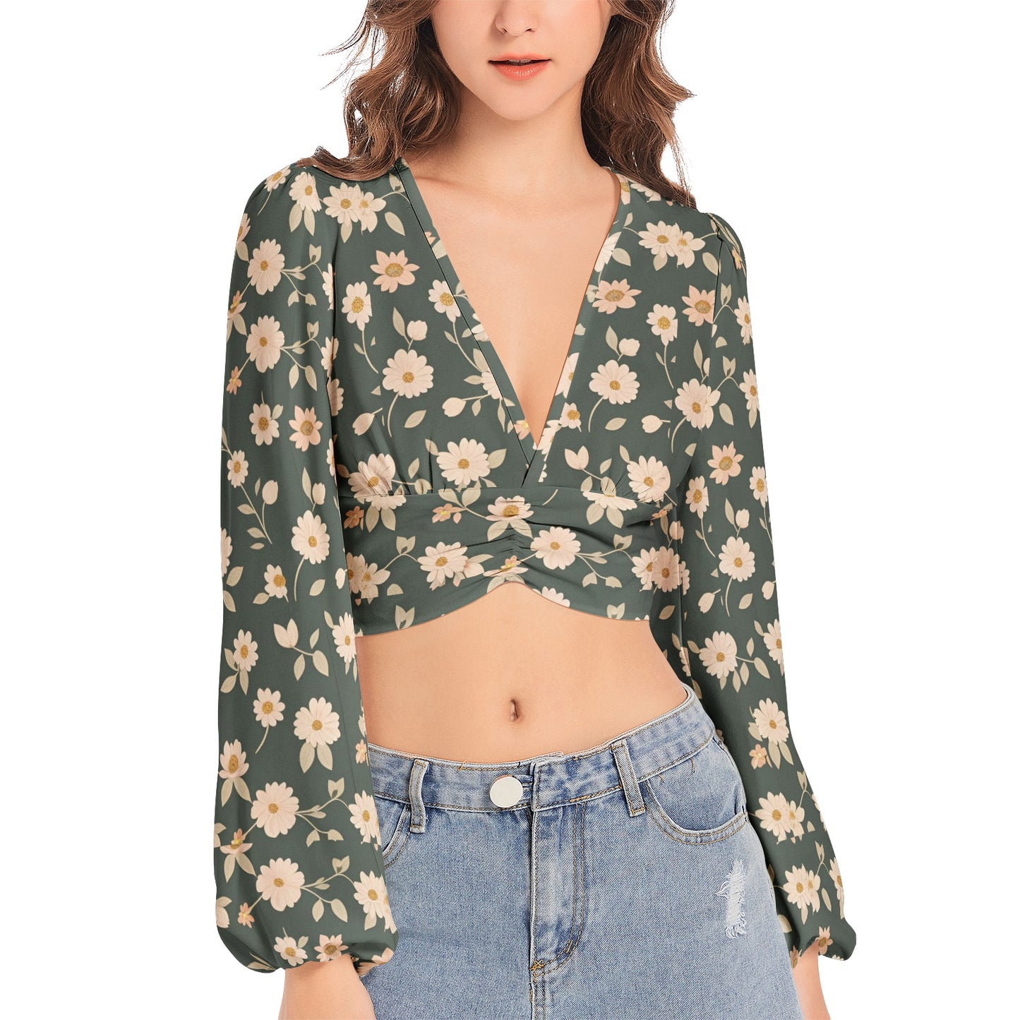 Women's Deep V-Neck Lantern Sleeve Crop Top