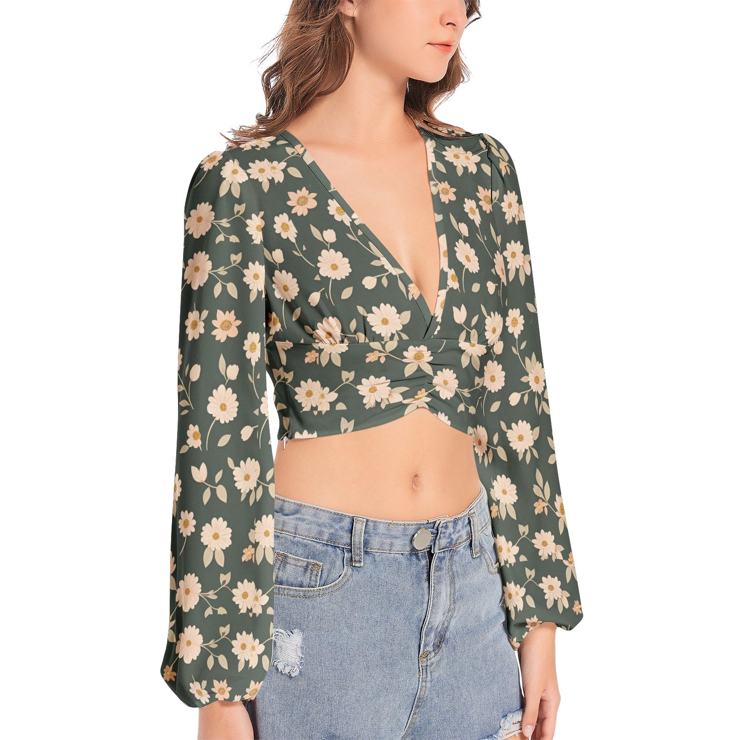 Women's Deep V-Neck Lantern Sleeve Crop Top