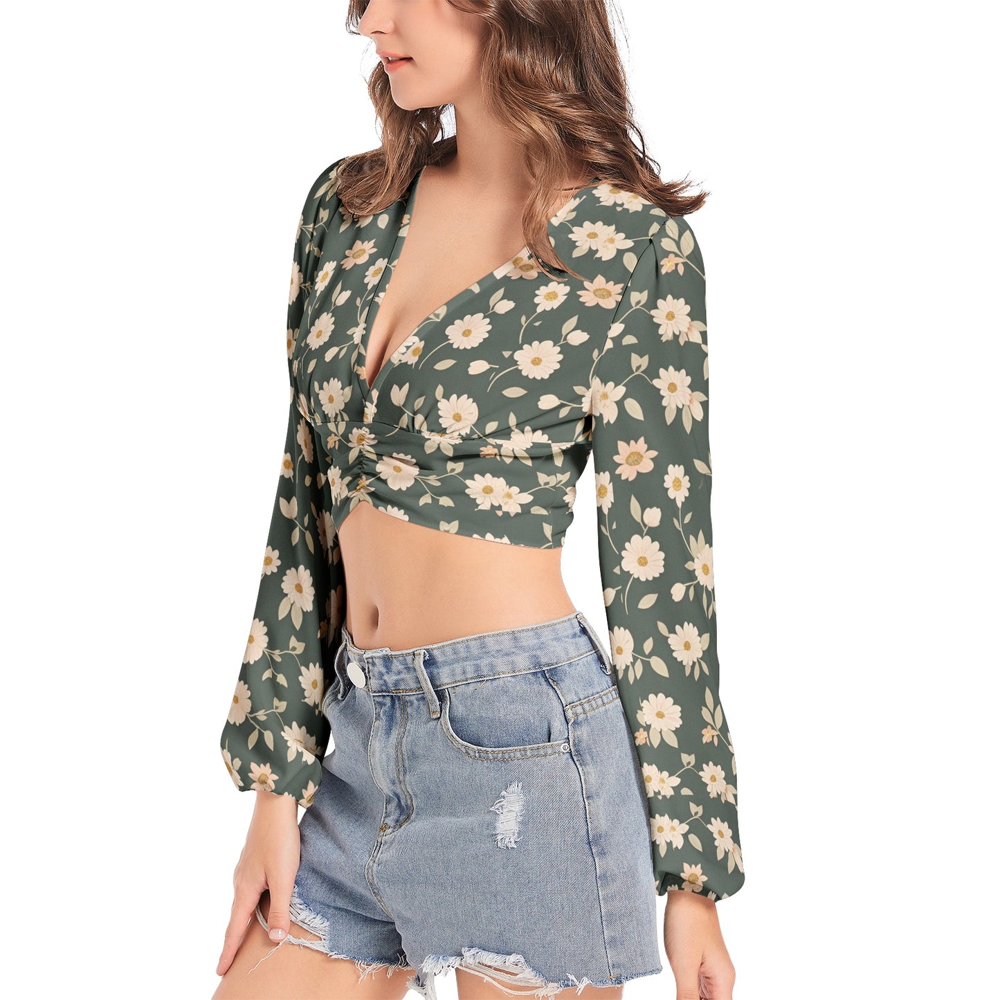 Women's Deep V-Neck Lantern Sleeve Crop Top