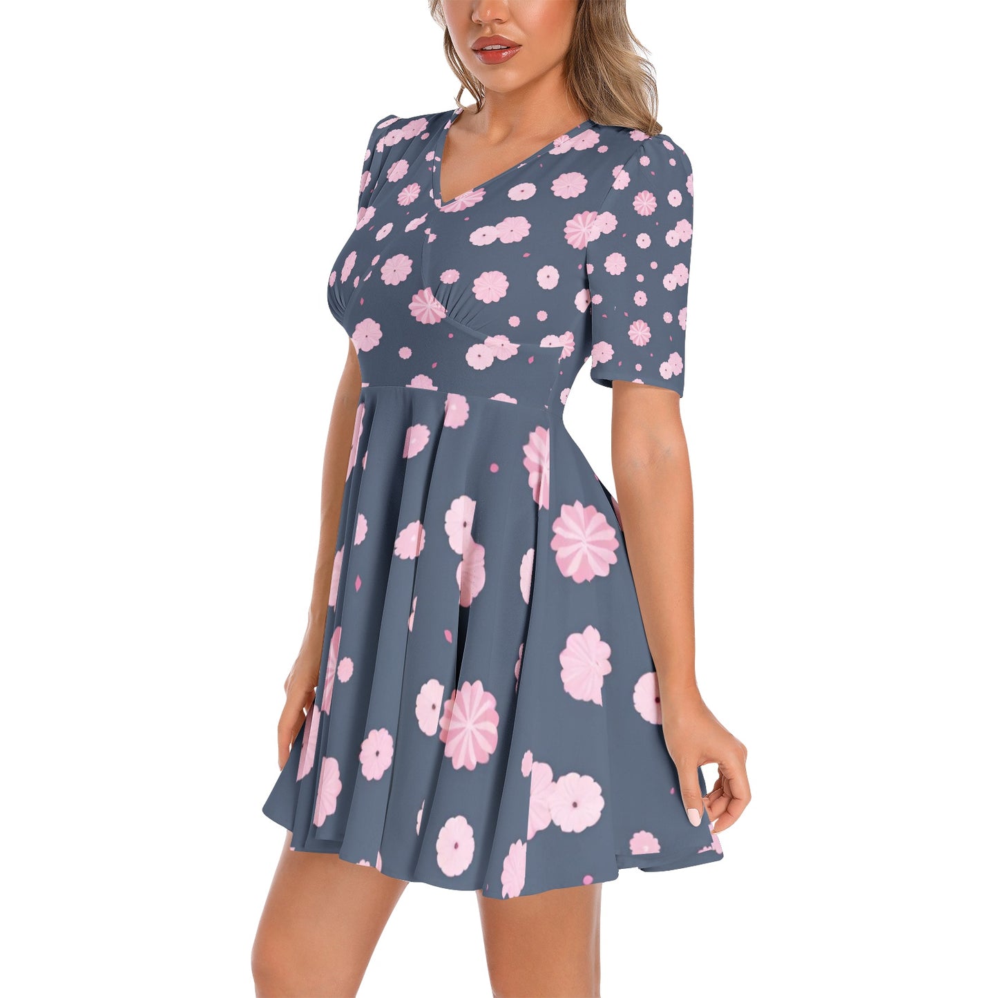 Short Sleeve Ruched Bust Flared Hem Dress